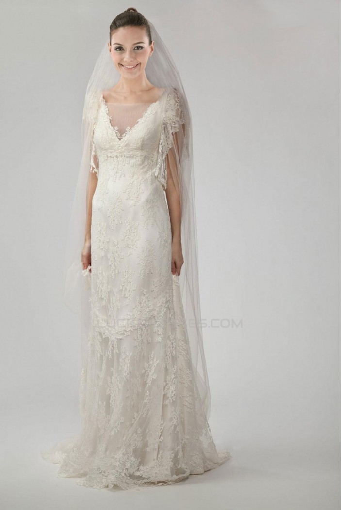Elegant V-neck V-back Court Train Lace Bridal Gown WD010280