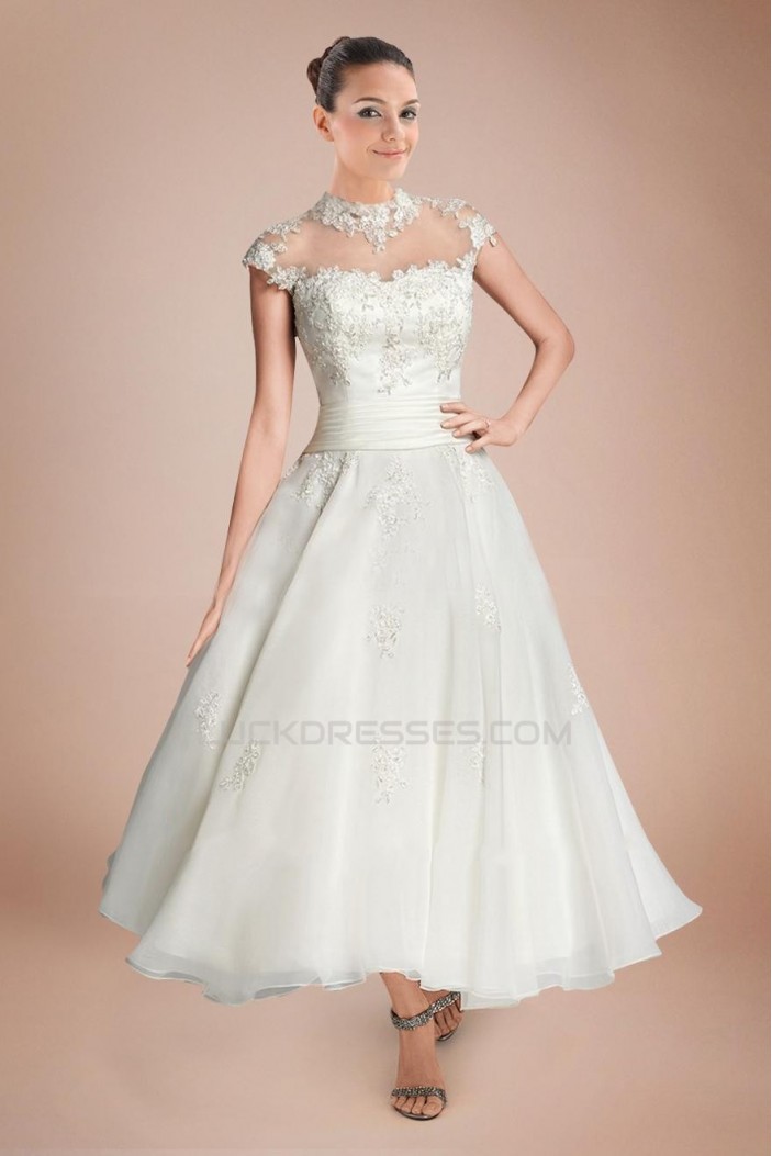 A-line Short Sleeves Tea Length Lace Bridal Wedding Dresses WD010290