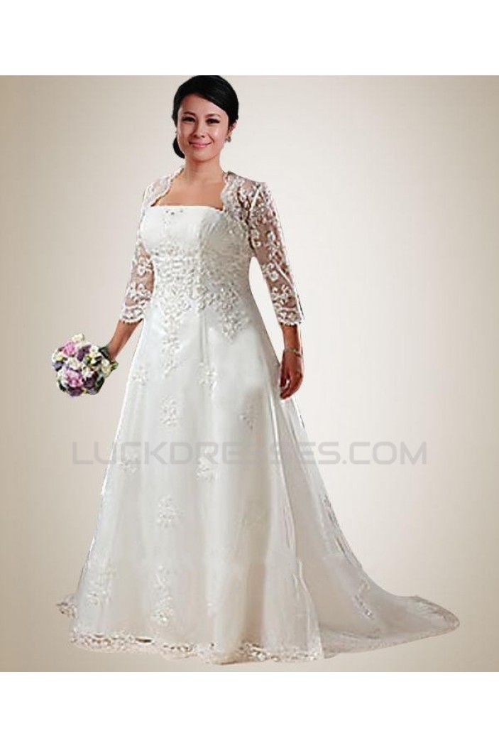A-line Court Train 3/4 Sleeves Lace Plus Size Bridal Wedding Dresses WD010291