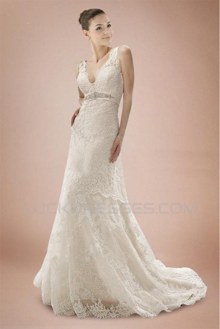 Elegant V-neck Straps Lace Bridal Wedding Dresses WD010319