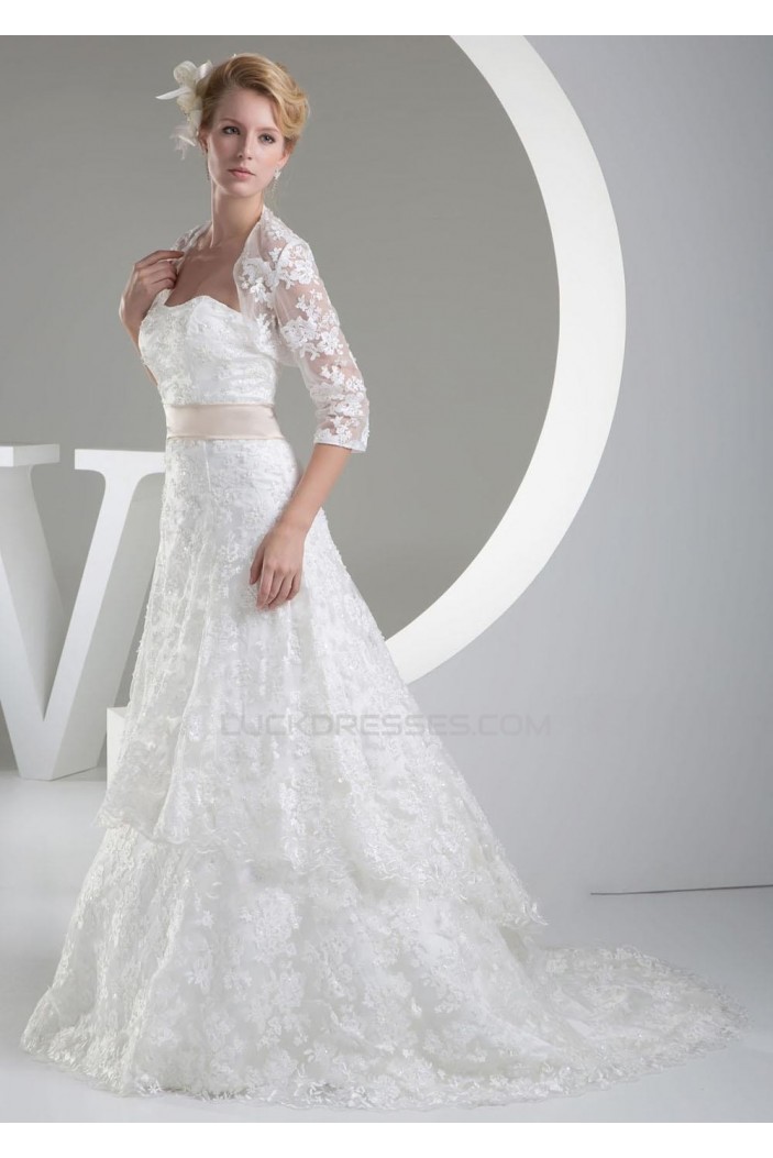 A-line Strapless Court Train Lace Bridal Wedding Dresses with A Jacket WD010332