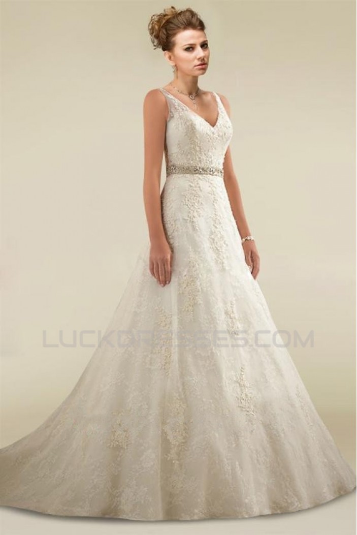 A-line V-neck Beaded Lace Bridal Wedding Dresses WD010348