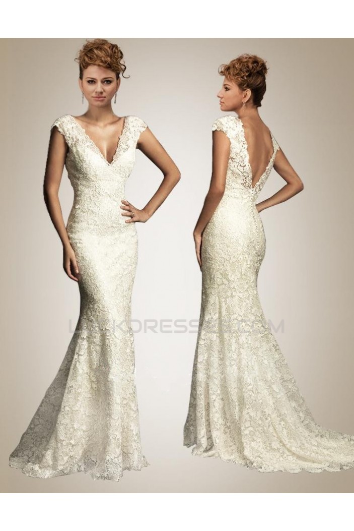 Trumpet/Mermaid V-neck Court Train Lace Bridal Wedding Dresses WD010356