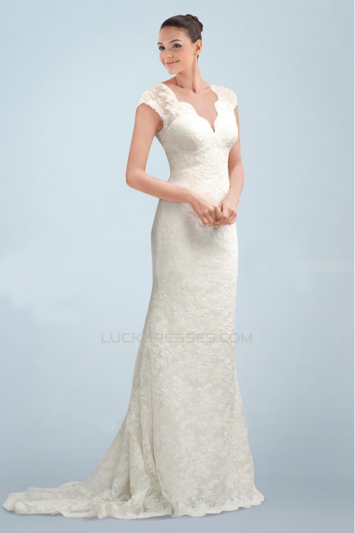 Elegant V-neck Short Sleeves Lace Bridal Wedding Dresses WD010380