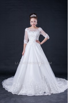 A-line Half Sleeves Beaded Lace Bridal Wedding Dresses WD010413