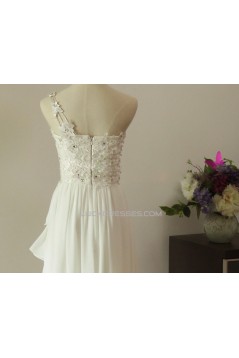 High Low One Shoulder Beaded Lace Chiffon Bridal Gown Wedding Dress WD010451