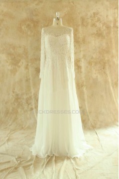 Sheath/Column Beaded Long Sleeves Lace Chiffon Bridal Wedding Dresses WD010525