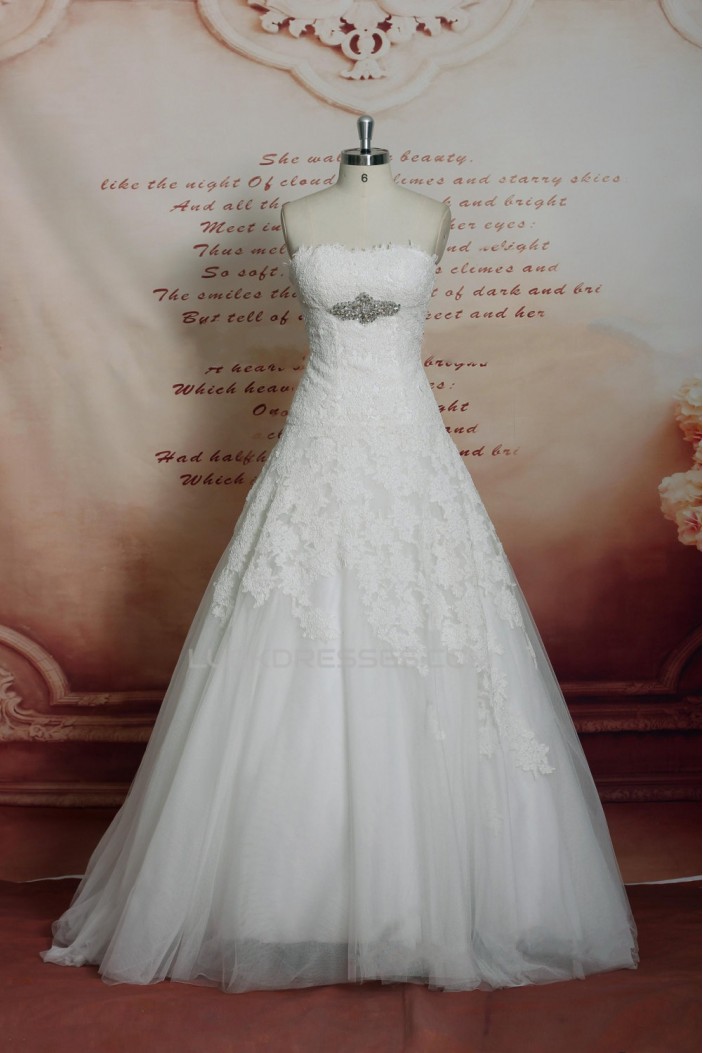 A-line Strapless Beaded Lace and Tulle Bridal Wedding Dresses WD010698