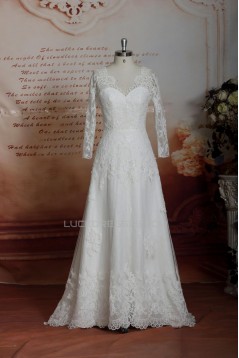 A-line Long Sleeves V-neck Lace Bridal Gown Wedding Dress WD010745