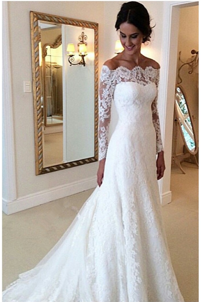 A-Line Off-the-Shoulder Long Sleeves Lace Bridal Wedding Dresses WD010860