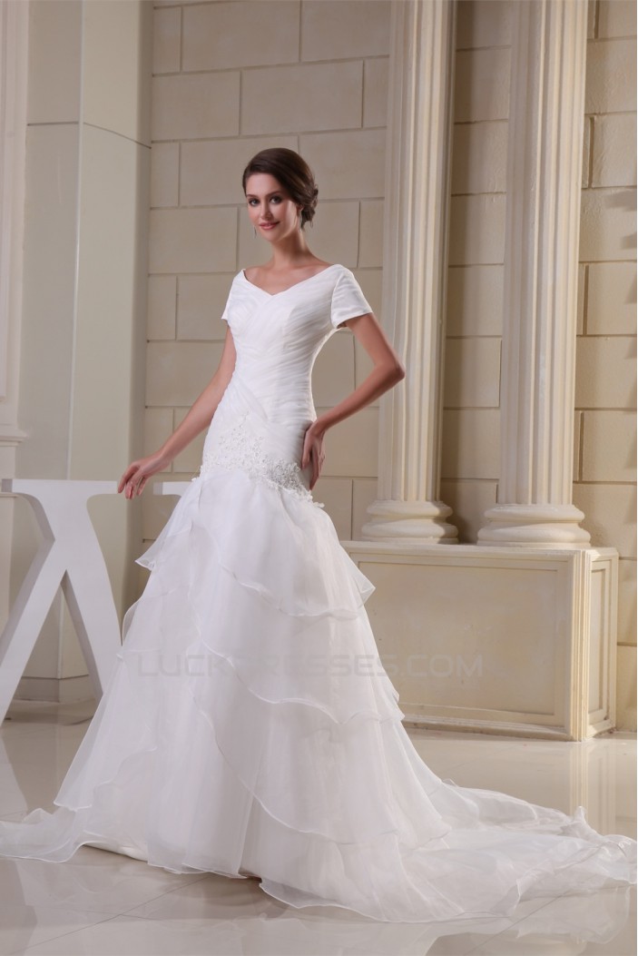 A-Line V-Neck Short Sleeve Court Train Wedding Dresses 2030002