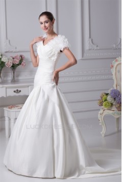 A-Line V-Neck Short Sleeve Court Train Wedding Dresses 2030003