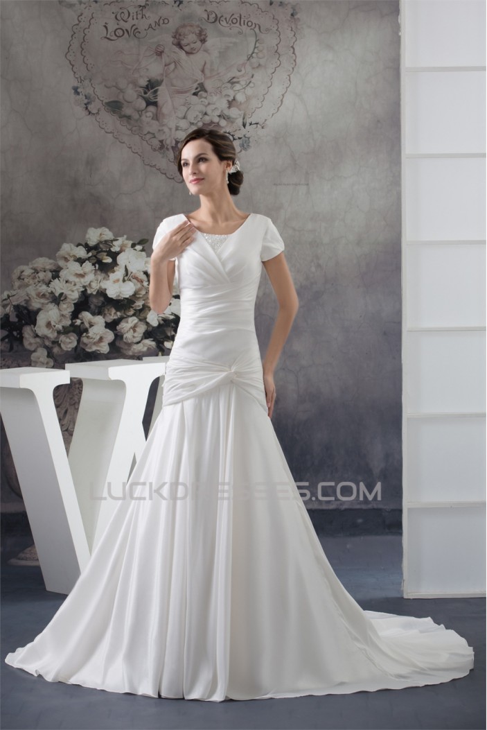 A-Line Portrait Short Sleeve Wedding Dresses 2030014