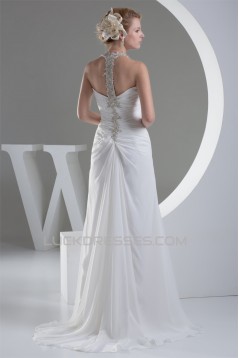 Sheath/Column Beaded Applique Chiffon One-Shoulder Sweep Train Wedding Dresses 2030016