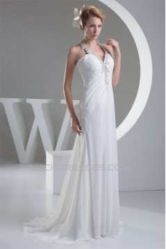 Sheath/Column Beaded Applique Chiffon One-Shoulder Sweep Train Wedding Dresses 2030016