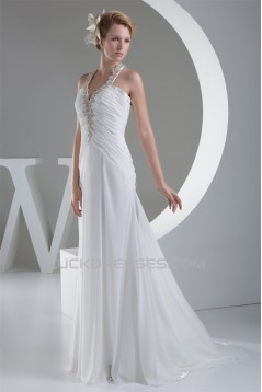 Sheath/Column Beaded Applique Chiffon One-Shoulder Sweep Train Wedding Dresses 2030016