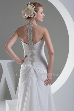 Sheath/Column Beaded Applique Chiffon One-Shoulder Sweep Train Wedding Dresses 2030016