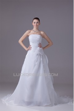 A-Line Sleeveless Strapless Handmade Flowers Wedding Dresses 2030029