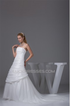 A-Line Strapless Chapel Train Beaded Taffeta Tulle Wedding Dresses 2030039