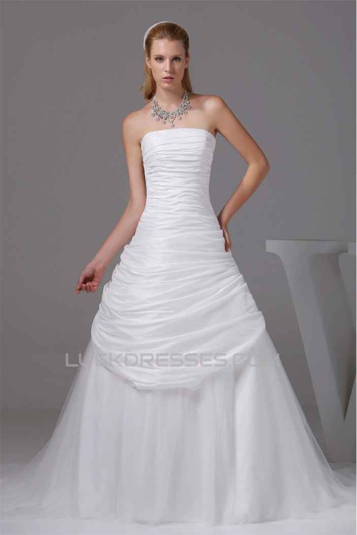 A-Line Strapless Chapel Train Beaded Taffeta Tulle Wedding Dresses 2030039