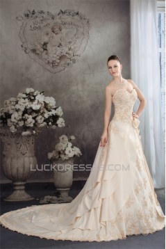 Elegant A-Line Sweetheart Chapel Train Beaded Satin Lace Wedding Dresses 2030043
