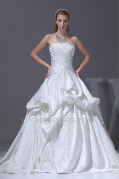 Amazing A-Line Strapless Chapel Train Beaded Appliques Wedding Dresses 2030047