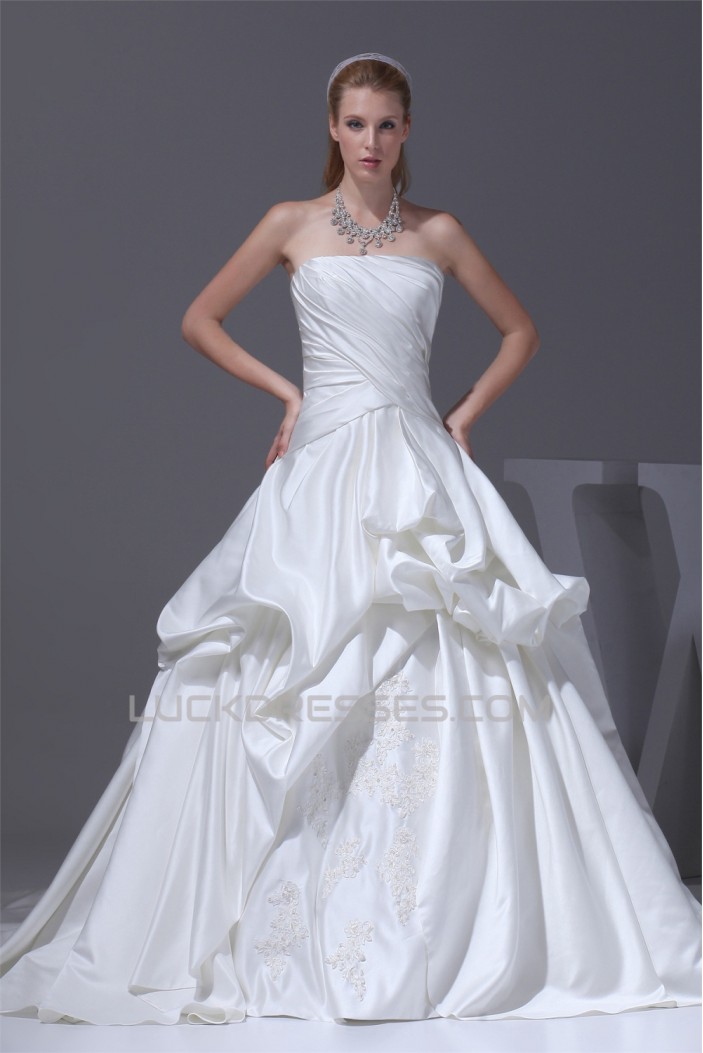 Amazing A-Line Strapless Chapel Train Beaded Appliques Wedding Dresses 2030047