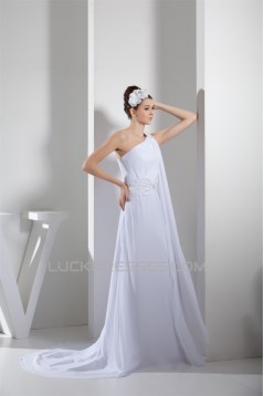 A-Line One-Shoulder Amazing Chiffon Sweep Train Wedding Dresses 2030049