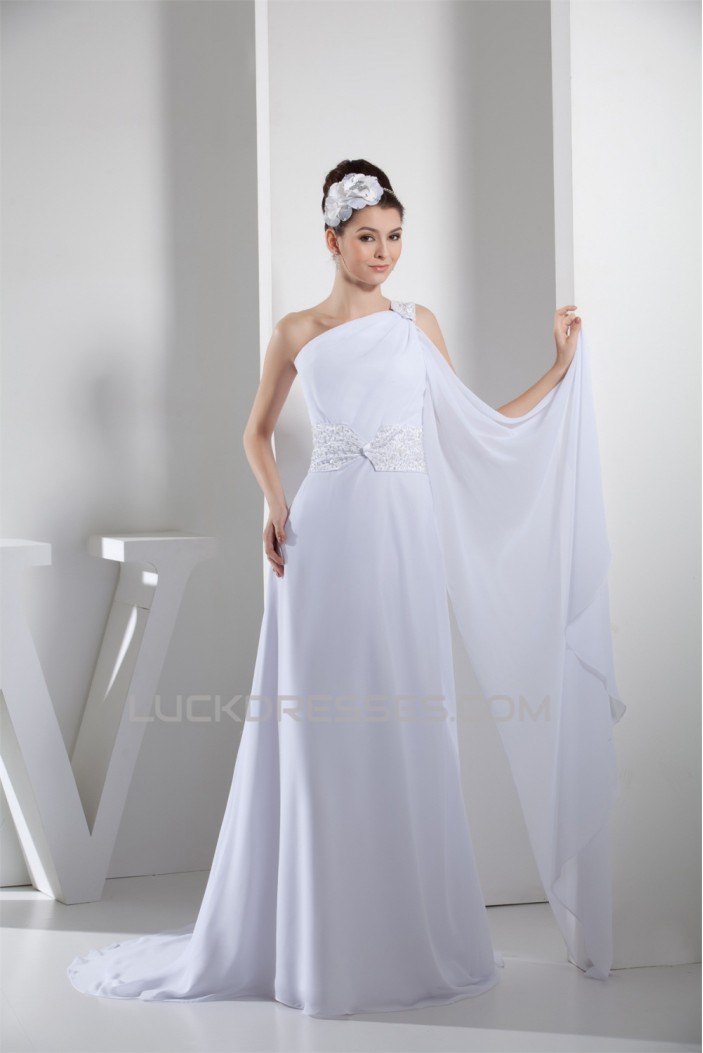 A-Line One-Shoulder Amazing Chiffon Sweep Train Wedding Dresses 2030049