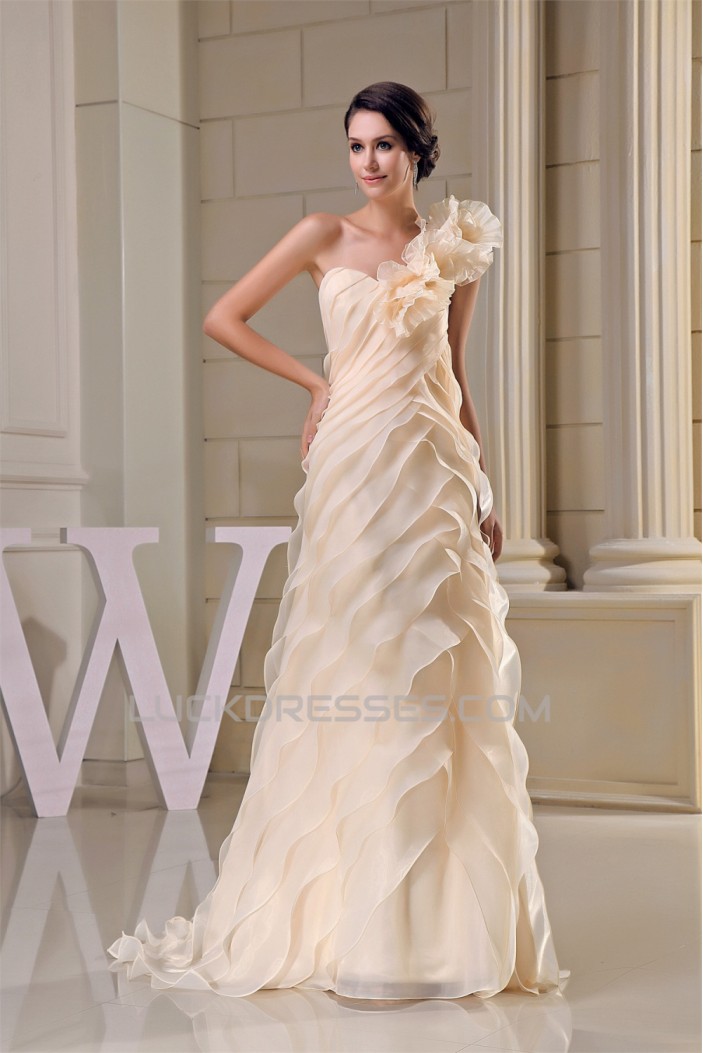 Amazing Sleeveless One-Shoulder A-Line Handmade Flowers Wedding Dresses 2030057