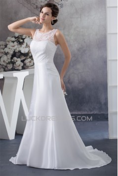 A-Line Sleeveless Lace Chiffon Sweep Train Wedding Dresses 2030068