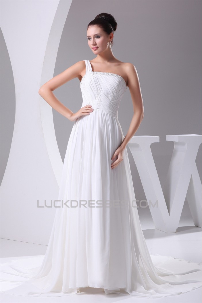 Beautiful A-Line Sleeveless Chiffon One-Shoulder Beaded Wedding Dresses 2030074