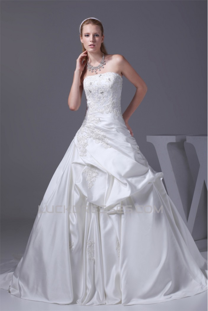 Beautiful Sleeveless Satin Strapless Ball Gown Beaded Lace Wedding Dresses 2030077