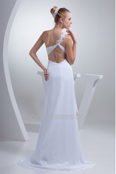 Brush Sweep Train Beading Chiffon Silk like Satin One-Shoulder Wedding Dresses 2030087