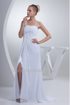 Brush Sweep Train Beading Chiffon Silk like Satin One-Shoulder Wedding Dresses 2030087