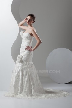 Strapless Sleeveless Mermaid/Trumpet Satin Lace Embellished Wedding Dresses 2031006