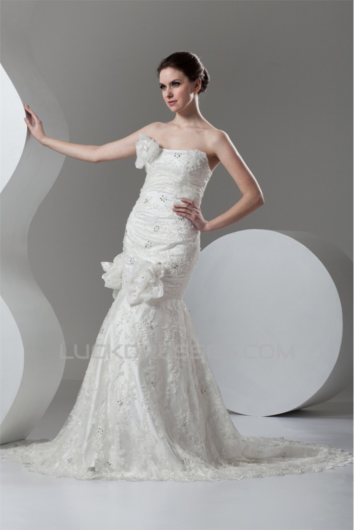 Strapless Sleeveless Mermaid/Trumpet Satin Lace Embellished Wedding Dresses 2031006