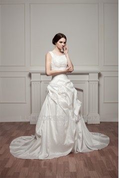 Straps Sleeveless Satin Taffeta A-Line Lace Beautiful Wedding Dresses 2031012