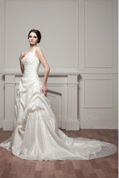 Straps Sleeveless Satin Taffeta A-Line Lace Beautiful Wedding Dresses 2031012