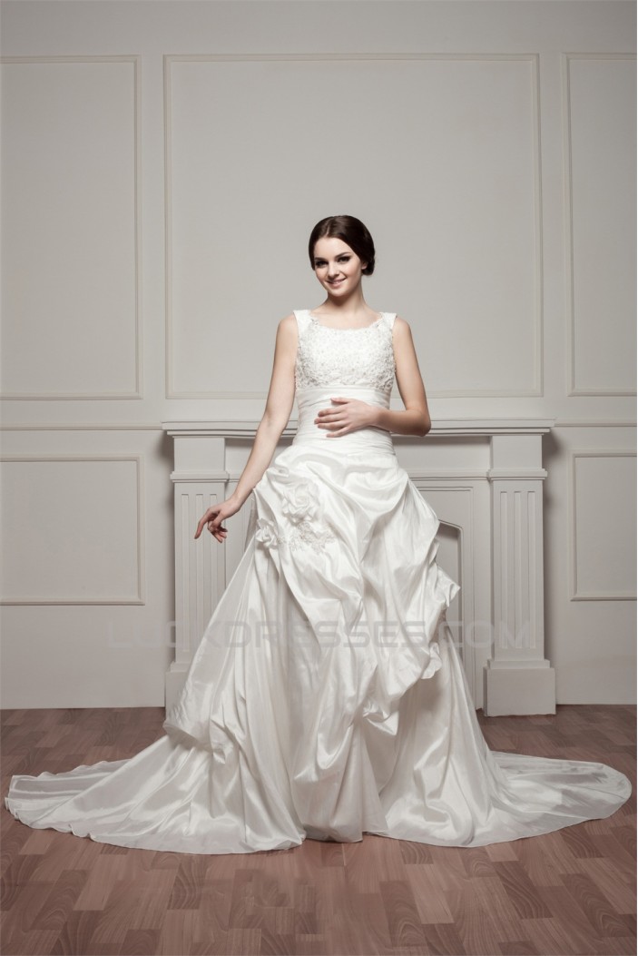 Straps Sleeveless Satin Taffeta A-Line Lace Beautiful Wedding Dresses 2031012