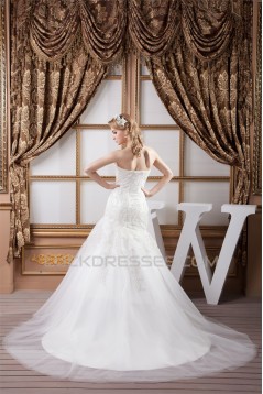 Sweetheart Sleeveless Satin Fine Netting Lace Wedding Dresses 2031017