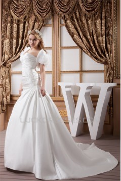Sweetheart Short Sleeve Satin A-Line Beaded Beautiful Wedding Dresses 2031024
