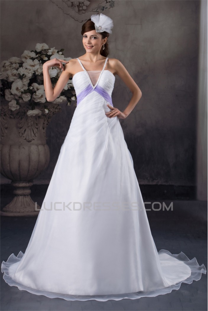 A-Line Satin Sleeveless V-Neck Beaded Wedding Dresses 2031032