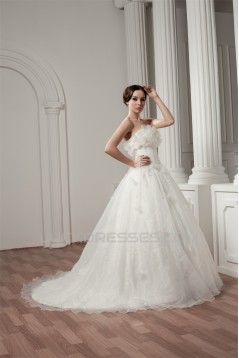 A-Line Sleeveless Strapless Court Train Wedding Dresses 2031035