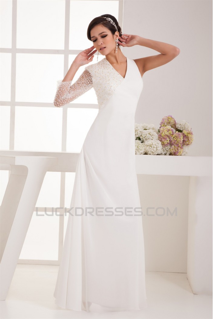 Sheath/Column V-Neck Beading One Sleeve Floor-Length Wedding Dresses 2031046