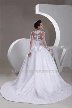 A-Line V-Neck Satin Fine Netting Long Sleeve Beaded Lace Wedding Dresses 2031047