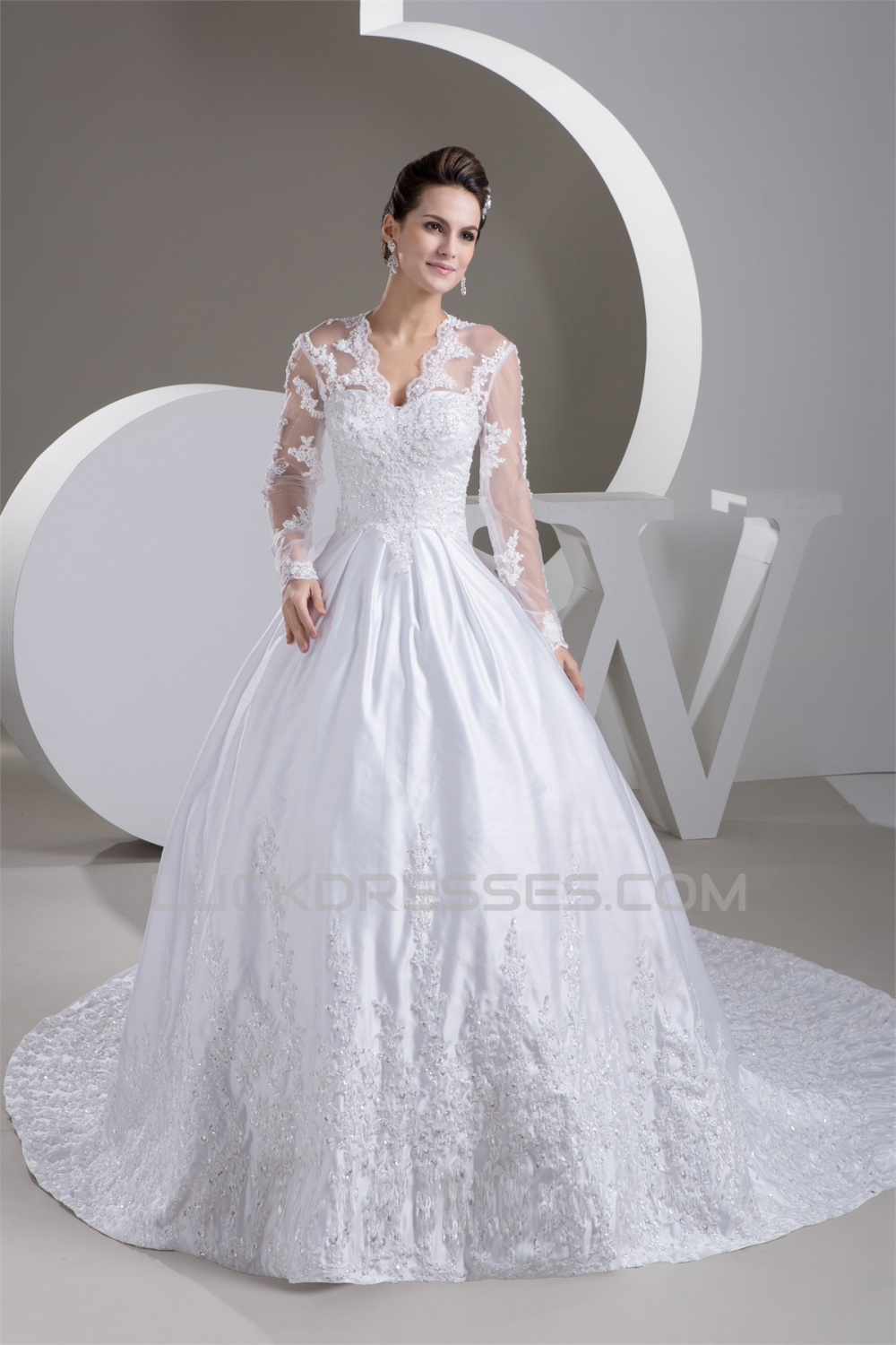 A Line V Neck Satin Fine Netting Long Sleeve Beaded Lace Wedding Dresses 2031047