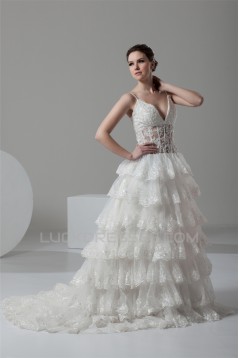 A-Line V-Neck Satin Organza Sleeveless Lace Embellished Wedding Dresses 2031048