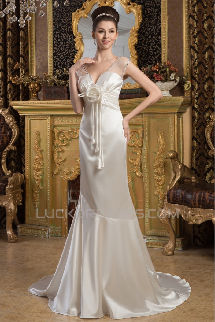 V-Neck Satin Silk like Satin Mermaid/Trumpet Beaded Wedding Dresses 2031049