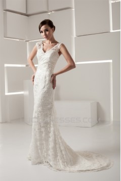 V-Neck Sleeveless Mermaid/Trumpet Satin Lace Fine Netting Wedding Dresses 2031050